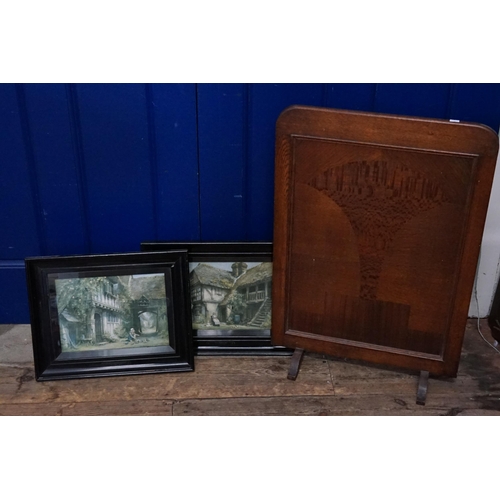 710 - An interesting Fire Screen in Quarter Cut & Flame Figured Oak along with Two Prints in Gilt Frames.