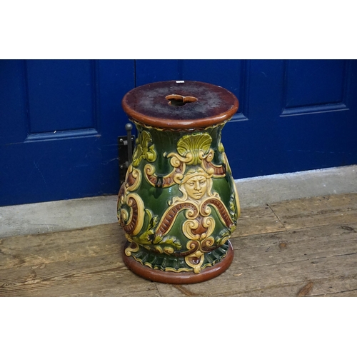 930 - A Victorian Glazed Garden Seat decorated with Male Heads & scrolling Floriette decoration. Standing:... 