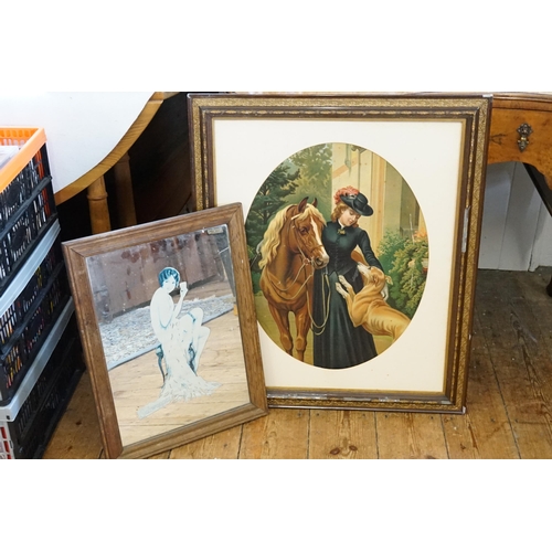 1157 - A Victorian Chromolithographic Print of a Young Girl in Green on a Horse along with a 1920s Mirror P... 