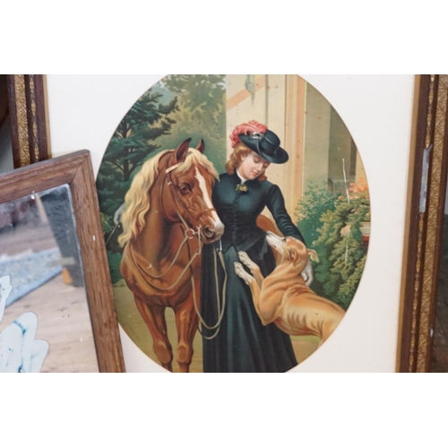 1157 - A Victorian Chromolithographic Print of a Young Girl in Green on a Horse along with a 1920s Mirror P... 