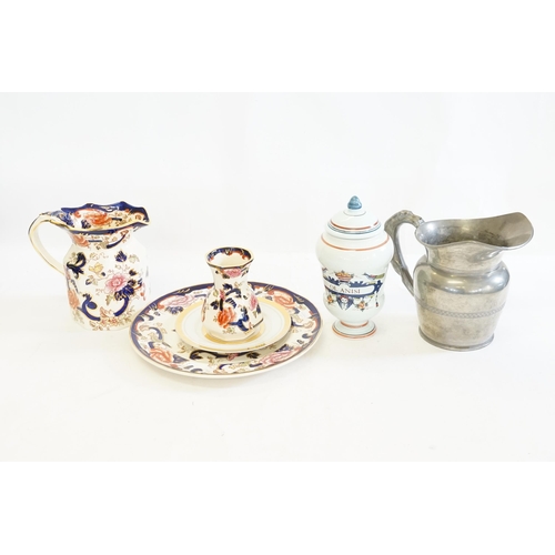 1097 - Three items of Rust, Blue & Gilt Mason's China, a Pharmaceutical Jar & a Walker & Hall Pewter Huntin... 