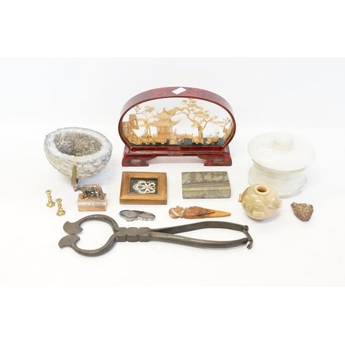 895 - A Geode, a Cork Picture, Dorset Stitchwork, Sugar Cutters, etc.