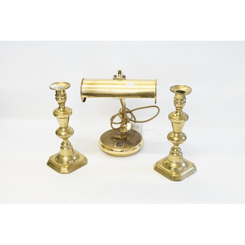 971 - A Pair of Antique Brass Candlesticks & a Vintage Brass Students Lamp.