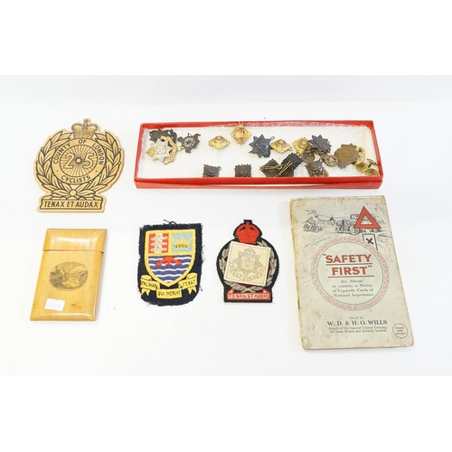 743 - Surrey Regiment Cap Badges, 25 Years Cycling Badges, Cycling Cards & a Mauchline ware Card Case.