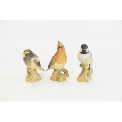 1067 - Three various Beswick Coloured Bisque studies of a Cedar Waxwing, No: 2184, a Black Cat Chicadee, No... 