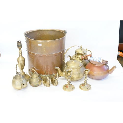 976 - A Copper Coal Bucket with Swing Handle, Copper Kettles, Ornaments, Candlesticks, etc.