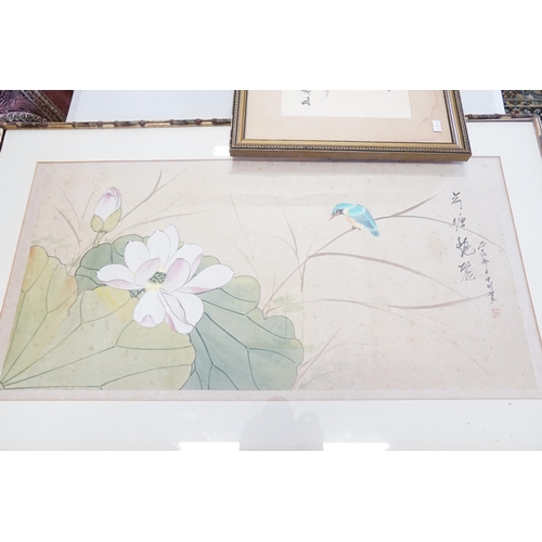 448 - A Chinese embroidered Silk Picture of Birds & one other Scroll, both Framed & Glazed.