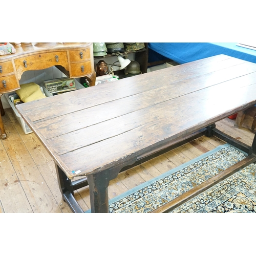 697 - An Antique Oak Refectory Dining Table with a Three Panel Elm Top, Peg & patinated Top with Cross Str... 