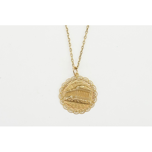 162 - A gold Greek style pendant on chain. Weight 9.7g