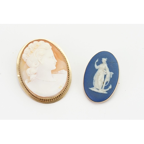 177 - A 9ct gold mounted cameo, depicting a lady looking to her left, along with a similar Wedgwood brooch... 