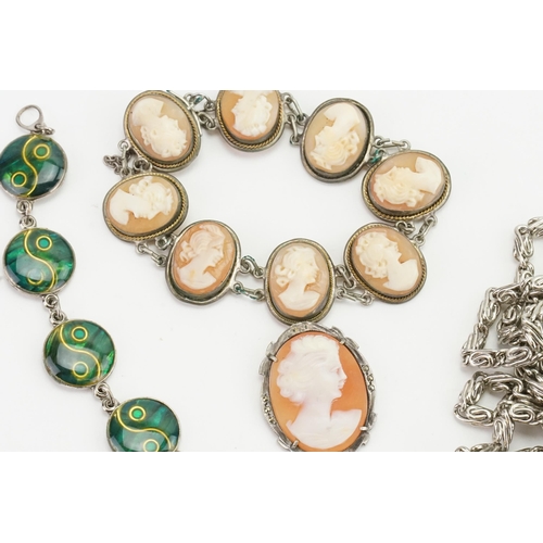 296 - A silver cameo bracelet, along with a silver cameo brooch etc.