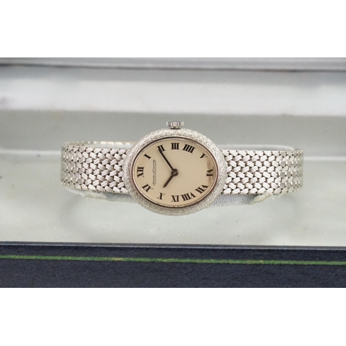 353 - A ladies Jaeger-LeCoultre wrist watch in 18ct white gold. In original box. Weight 41.6g.