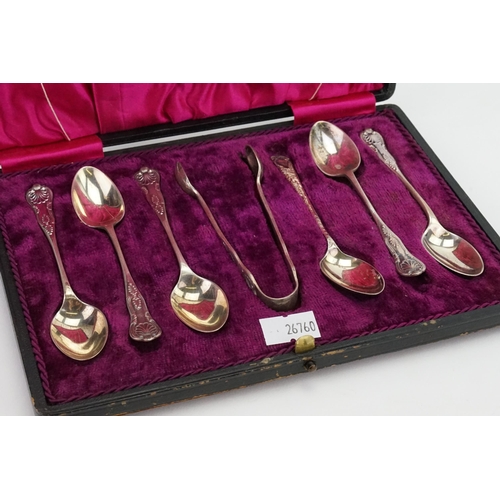 18 - A silver Walker & Hall cased set of spoons and tongs. 1 spoon not part of the set. Weight 81.9.