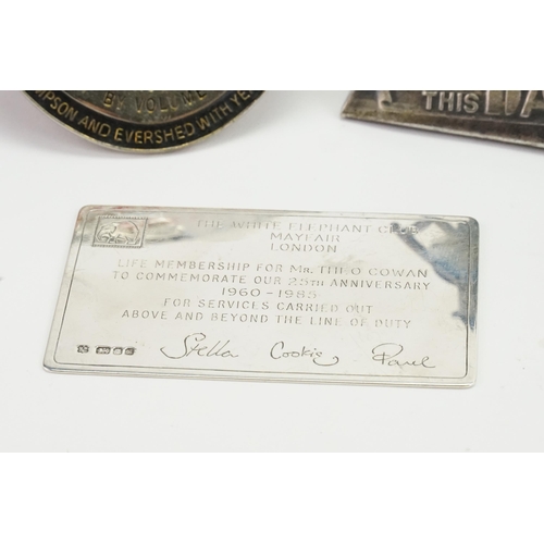 814 - A white elephant club mayfair London silver membership card. Life membership for Theo Cowan. Along w... 