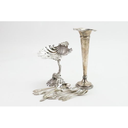 127 - A Gerrard and Co silver plated fish and shell decorated dish. Along with silver plated teaspoons, an... 