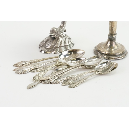 127 - A Gerrard and Co silver plated fish and shell decorated dish. Along with silver plated teaspoons, an... 