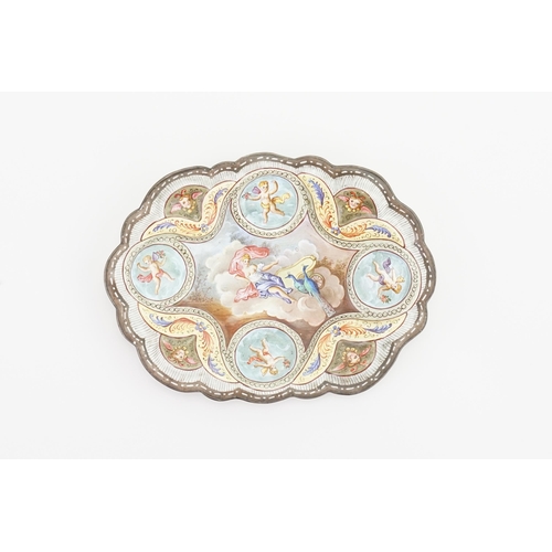 901 - A circa 1900 Austrian hand painted enamelled pin dish, decorated with four cherubs and mythological ... 