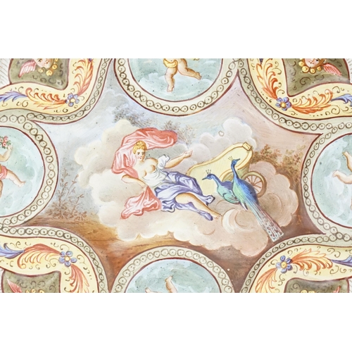 901 - A circa 1900 Austrian hand painted enamelled pin dish, decorated with four cherubs and mythological ... 