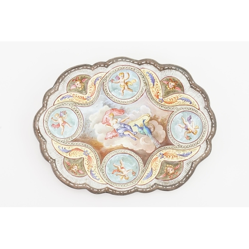 901 - A circa 1900 Austrian hand painted enamelled pin dish, decorated with four cherubs and mythological ... 