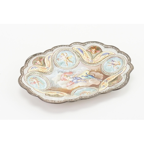 901 - A circa 1900 Austrian hand painted enamelled pin dish, decorated with four cherubs and mythological ... 