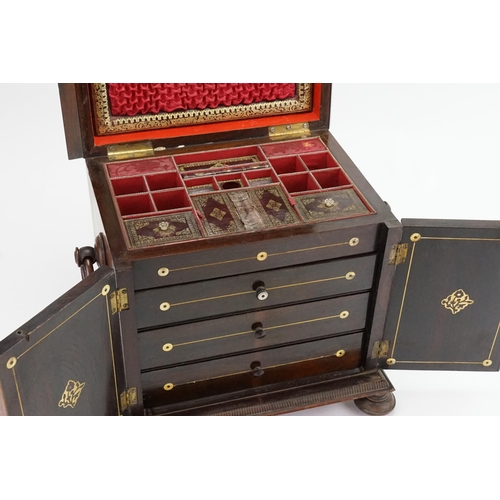 901A - A Ladies Regency Rosewood inlaid Gilt Tool Leather fitted Needlework Writing Box fitted with Drawers... 