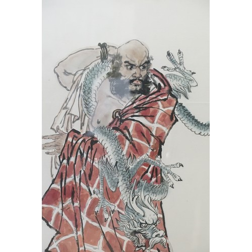 458 - A Japanese Water Colour of a God entwined  with a Dragon with a Red Seal mark. Measuring: 82cms x 10... 