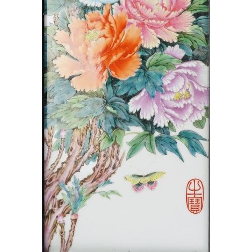 440 - A Chinese Painted on Porcelain Plaque decorated with dahlias & Butterflies with a scripted Character... 