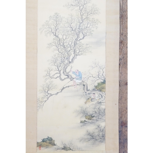 447 - A Chinese Rolling Scroll Picture depicting a Fisherman on Branches, multi charactered & Red Seal Mar... 