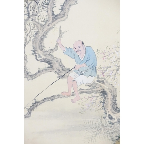 447 - A Chinese Rolling Scroll Picture depicting a Fisherman on Branches, multi charactered & Red Seal Mar... 