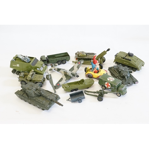 63 - A Box of play worn Dinky Toys to include a Shado 2 Mobile, Tanks, Military models, etc  along with a... 