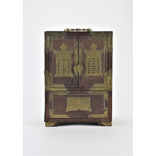 503 - A Miniature Chinese hardwood and brass mounted treasure chest, fitted two interior drawers. Measurin... 