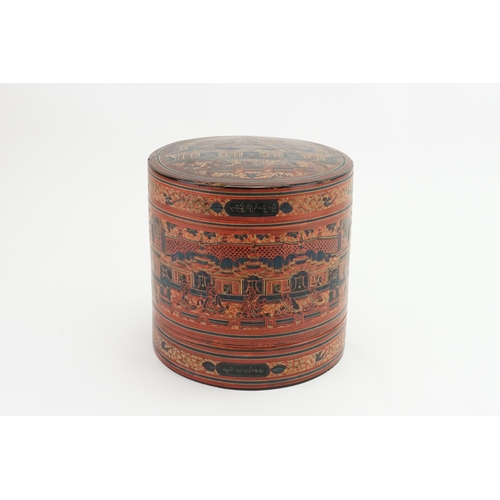 493 - A Thailand lacquered Food Container decorated with Garden Scenes, Temple Deities. Measuring: 23cms h... 