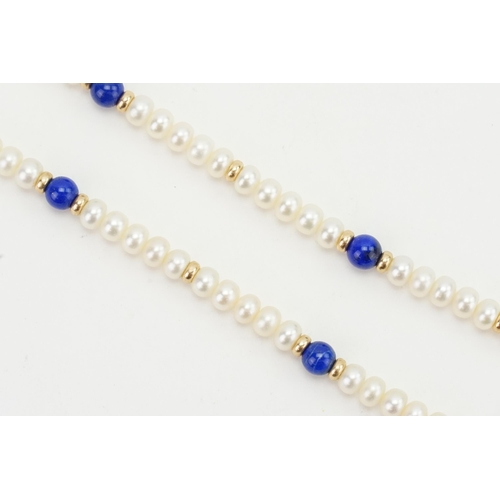 82 - A 9ct Gold Pearl and Lapis Set Necklace. Length: 47cms.