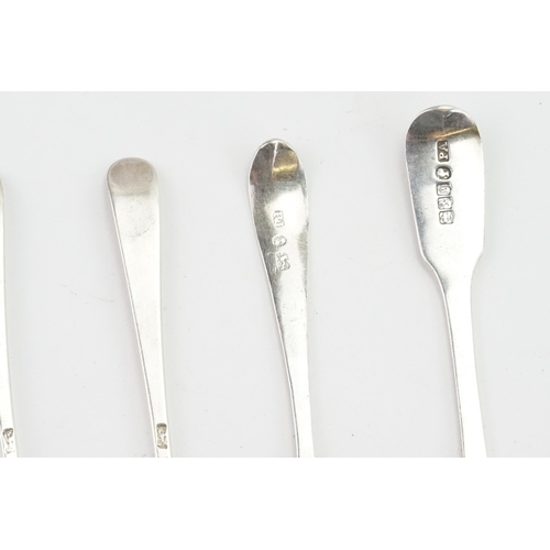 13 - Six Georgian Silver Spoons along with a Victorian spoon. Weight 86 grams.