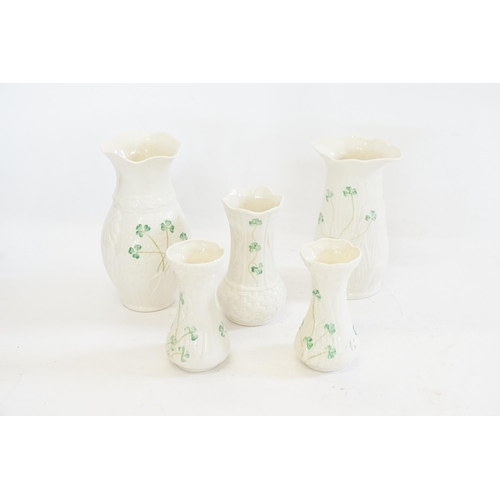 631 - Five various Shamrock decorated Irish Belleek Vases.