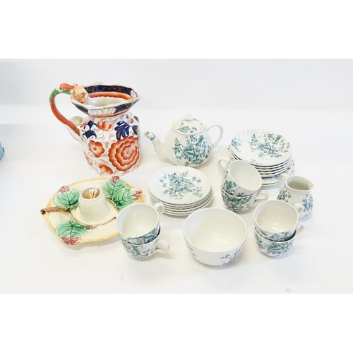 633 - A Majolica designed Match Strike, an Early Moring Tea Set in the Ivy pattern by B. Ross & an Ironsto... 