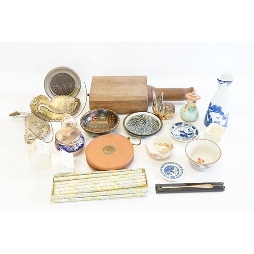 637 - An Enamel Pin Tray, a Sake Bottle, Japanese China, etc.