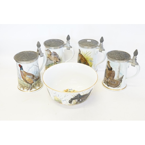 630 - A Collection of Franklin Mint to include a Game Bird Bowl & Four Steins of 