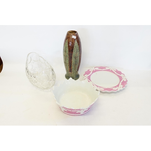 620 - A late 19th Century Puce decorated Chestnut Basket with Base, a Glass Bowl & a Belgian Vase.