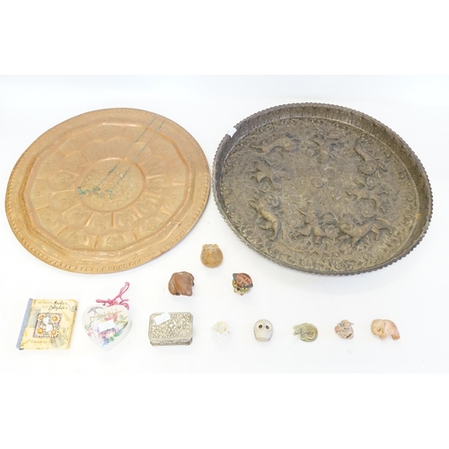 728 - An Indian embossed Tiffin Tray & one other with an engraved inscribed decoration, etc.