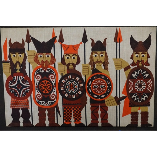 484 - A Printed on Linen Fearsome Warriors in Viking Costumes along with an Antique Plane.