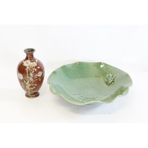 509 - A Celadon glazed Bowl decorated with a Frog & a Chinese Gold Stone cloisonné enamelled Vase decorate... 