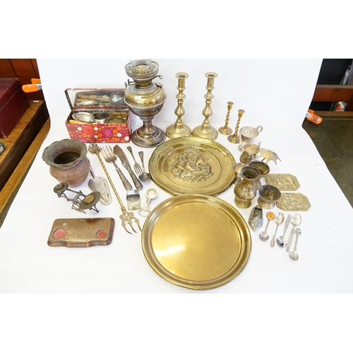 727 - An Oil Lamp, Brass Trays, Postal Scales,  Brass Castings, Candlestiks, Cutlery, etc.