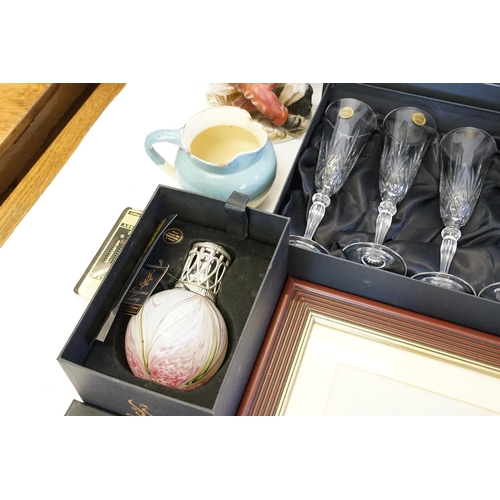 561 - A Boxed Set of Italian Crystal Champagne Glasses, a Glass Fragrance Lamp, Ice Bucket, Bobbins, Poole... 