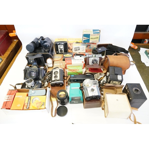 688 - A Collection of Cameras to include Halina, Box, Ilford, Zenit, a Pair of Binoculars, Scope 12x50 in ... 