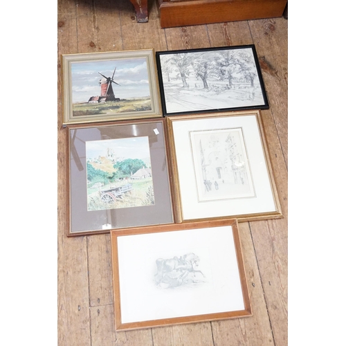 386 - An Oil on Board of a Norfolk Windmill by Arthur Park, a Graham Gilwood Pencil Sketch, a Castle with ... 