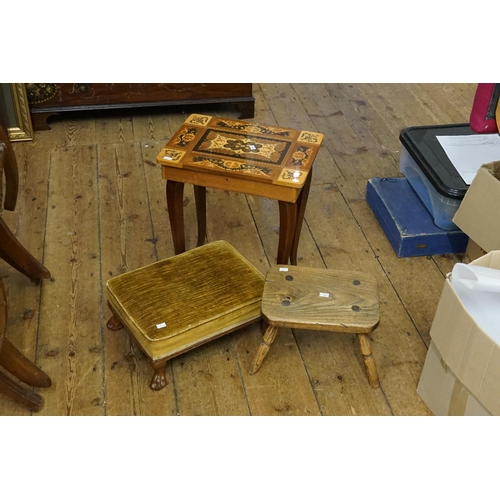 440 - A Beechwood Milking Stool resting on turned legs, one other with a Paw Feet & an inlaid Musical Tabl... 