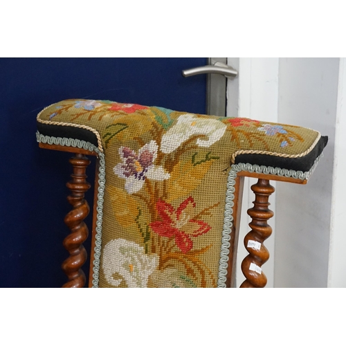 444 - A Victorian Purdue Chair with scroll over back, Tapestry Seat & Back & resting on ball Feet & Barley... 