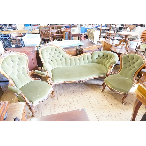 432 - A Scarce Victorian Three Piece Lounge Suite consisting of a Green Button Back Carved Walnut Frame & ... 