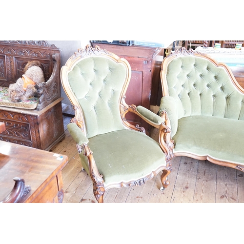 432 - A Scarce Victorian Three Piece Lounge Suite consisting of a Green Button Back Carved Walnut Frame & ... 